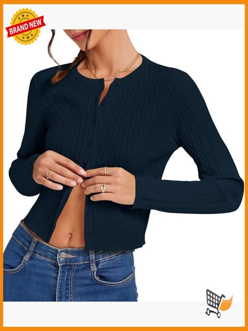Cropped Cable Knit Cardigan Long Sleeve Slim Fit Button Up Lightweight Sweater